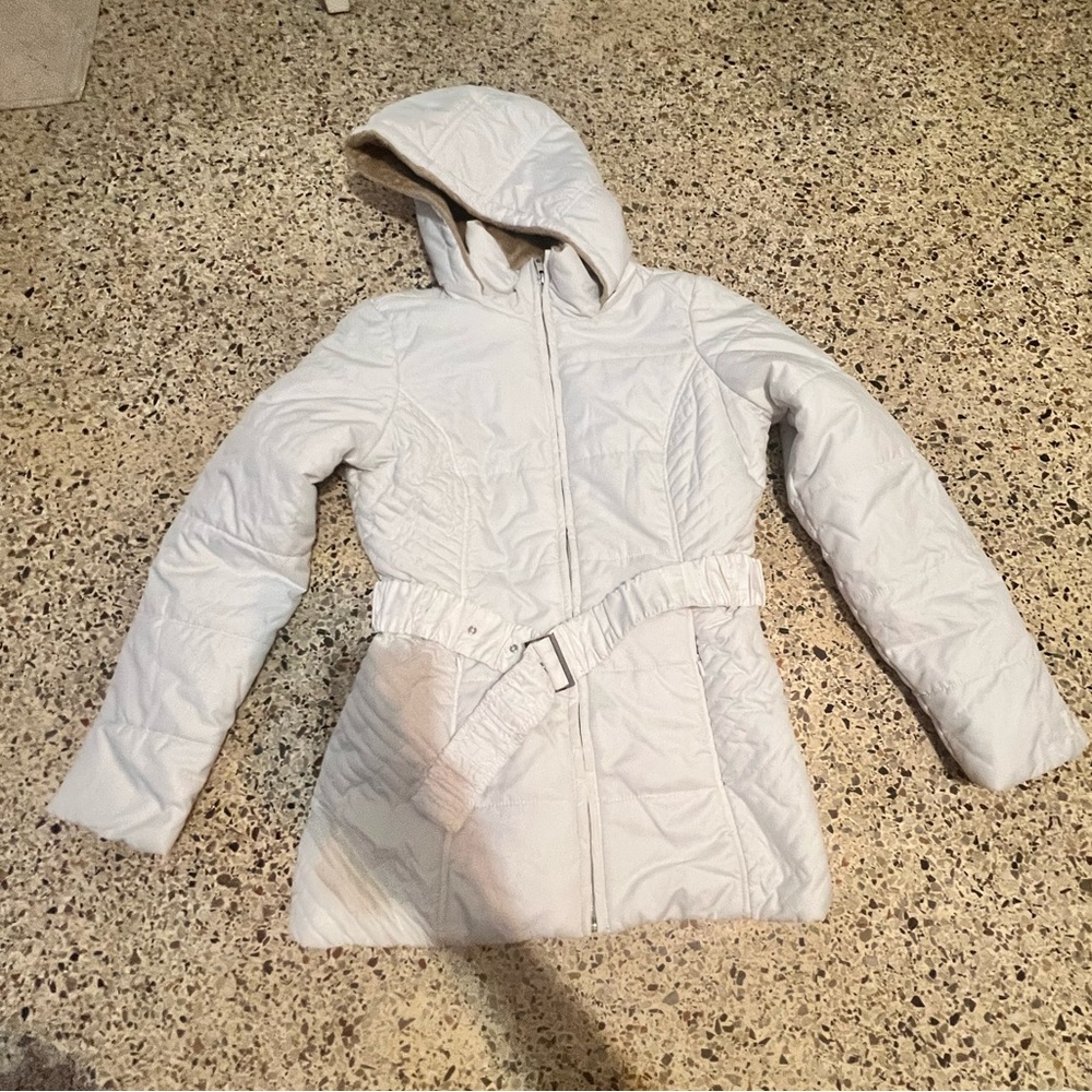 Tommy Hilfiger Womens Puffer Coat White Jacket Removable Hood Belt Size M